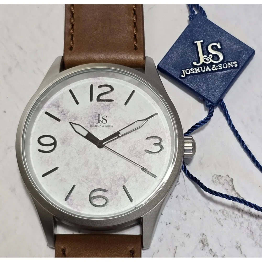Men's Joshua & Son's JX144TN Quartz Whitr Marble Dial Tan Leather Strap Watch